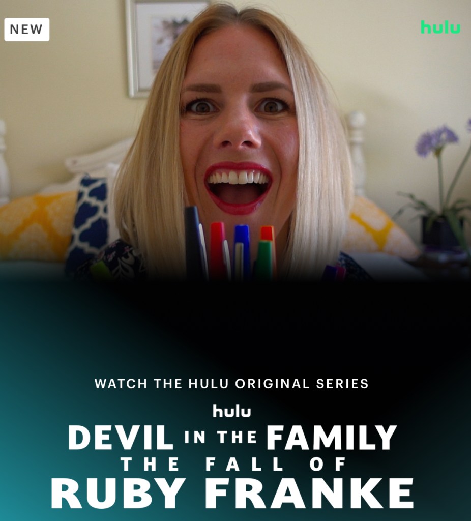 Hulu 'Devil in the Family: The Fall of Ruby Frankie' title cover photo highlighting Ruby Franke grinning maniacally while holding five colorful markers as she shits on her bed with a white head board. 