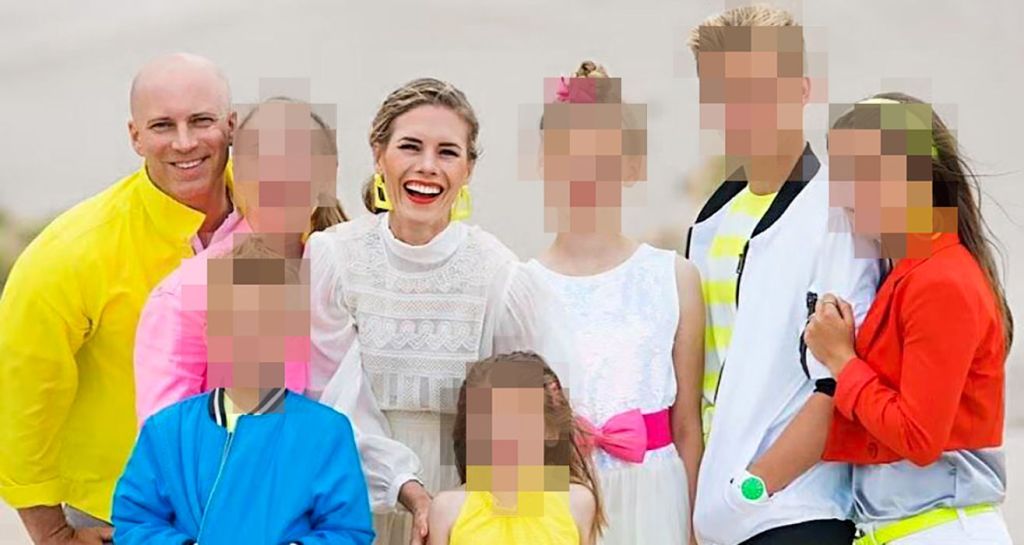 Bight and colorful 8 Passenger family photo featuring Ruby and Kevin Frankie, their six kids' faces blurred for privacy on a plain background. 
