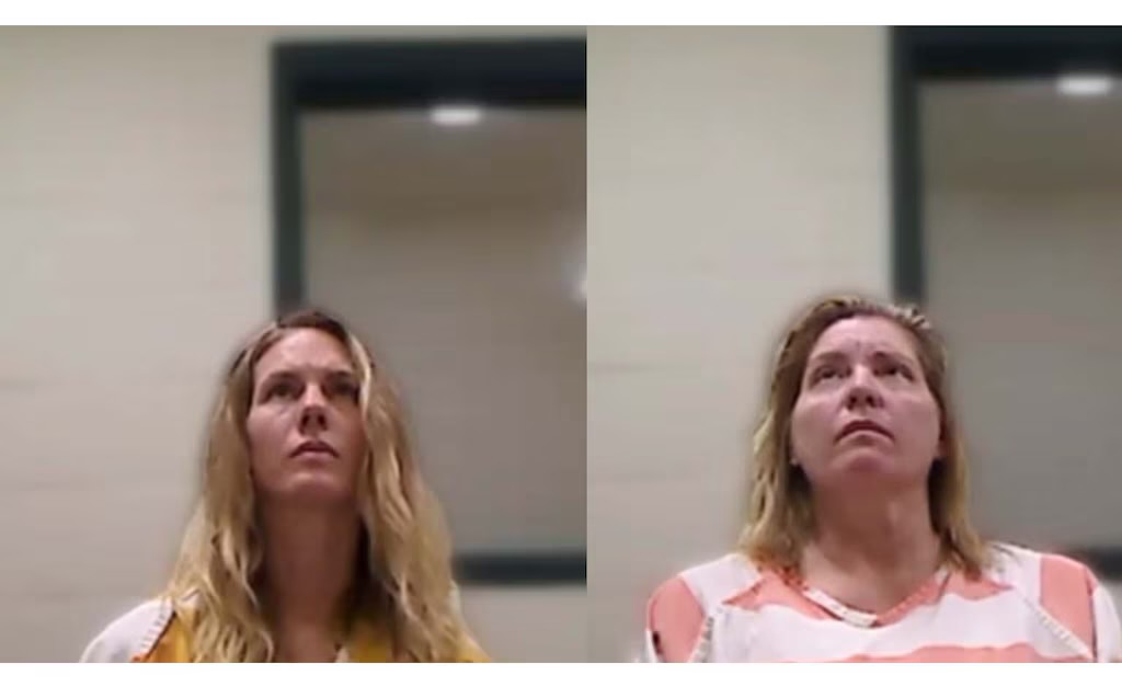 Low-Quality image of virtual court session with Ruby Frankie and Jodi Hildebrandt in striped inmate jumpsuits.