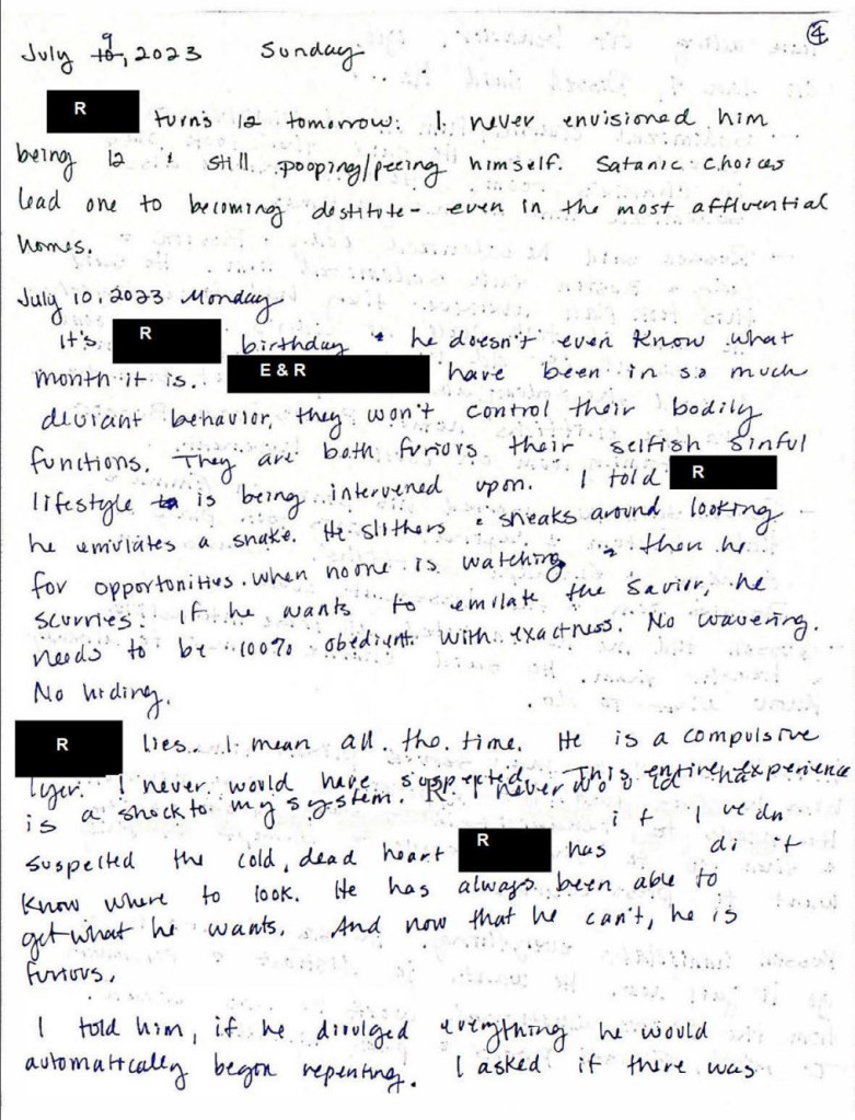 A photo of Ruby Frankie's journal featuring coded names for privacy: 'R' is her youngest son; 'E' her youngest daughter.