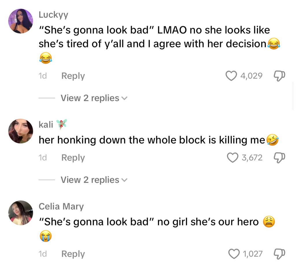 Screenshot of TikTok comment from video of Kendall Jenner following paparazzi. users write: '"she's gonna look bad" LMAO no she looks like she's tired of y'all and I agree with her decision 😂😂' and 'her honking down the whole block is killing me 🤣' and lastly, '"She's gonna look bad" no girl she's our here 😩'.