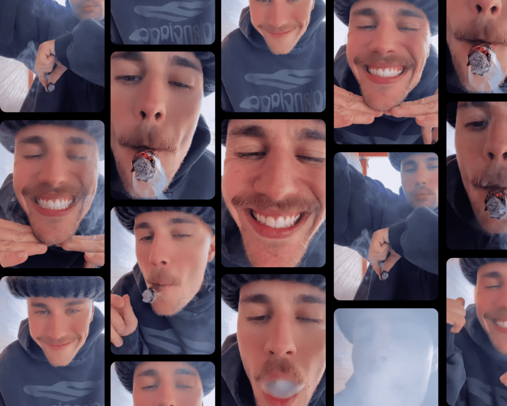Collage image of Justin Bieber wearing a dark grey hoodie and beanie smoking a blunt in some photos and smiling in the others. 